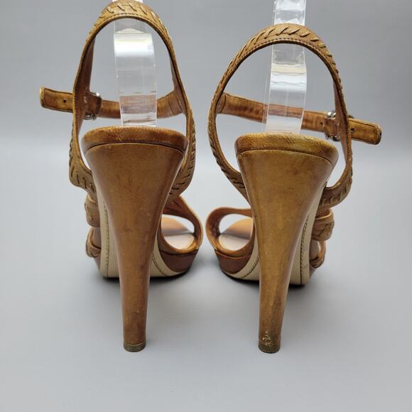 VTG Miu Miu Stilettos Leather Cognac Brown Open Toe Slingback Strappy Heels 10 - Picture 12 of 16